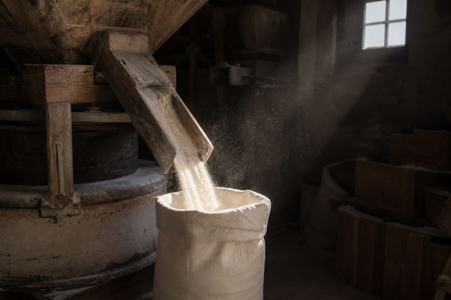 Fresh flour falling from a wooden spout into a cloth sack, flour dust hanging in the light from the mill window.