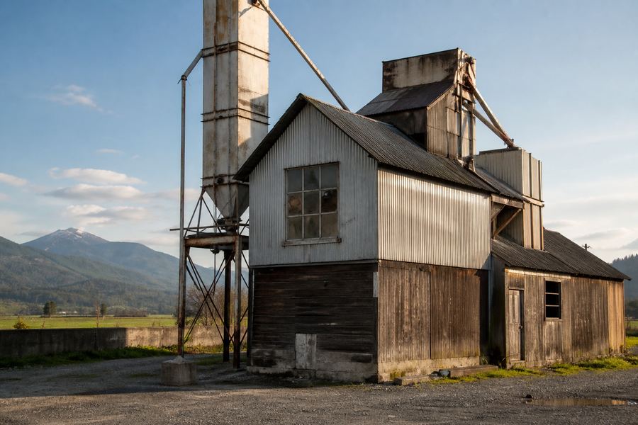 The Kestrel Granary mill building on Dike Road: a weathered board-and-batten granary with a steel grain leg and silo, farmland and a snow-covered peak behind it.