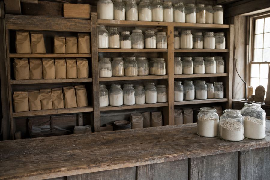 The mill store: shelves of glass jars and kraft paper bags of flour above a plank counter.