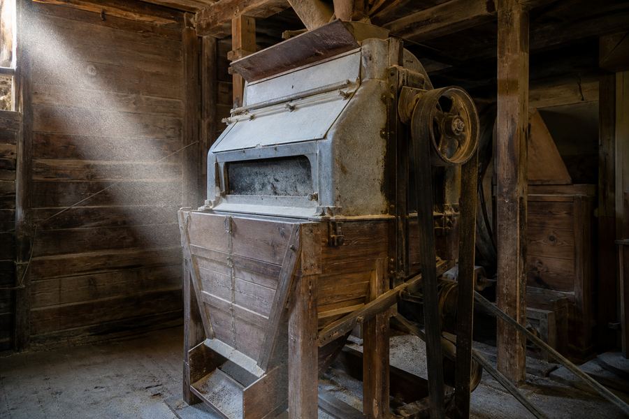 A belt-driven Clipper fanning mill standing in a shaft of light in the cleaning room.